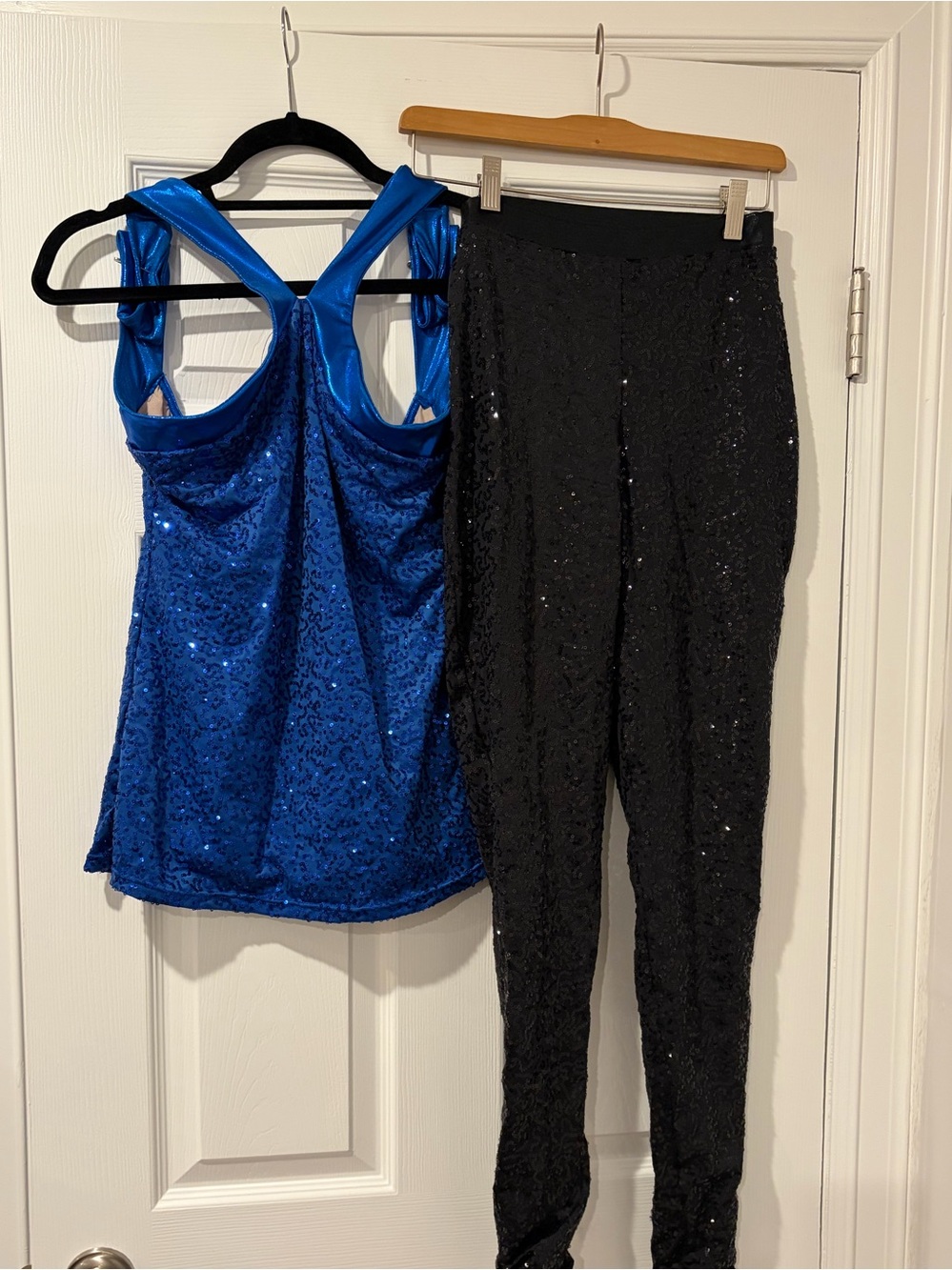 balera Blue Sequin Cross Neck Tank & Black Sequin Leggings